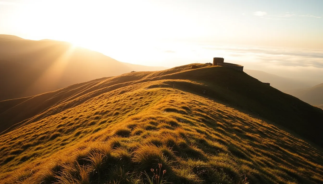 Warm sunlight skims grassy hillside above misty valley at dawn